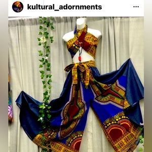 Palazzo denim pants set with kente print